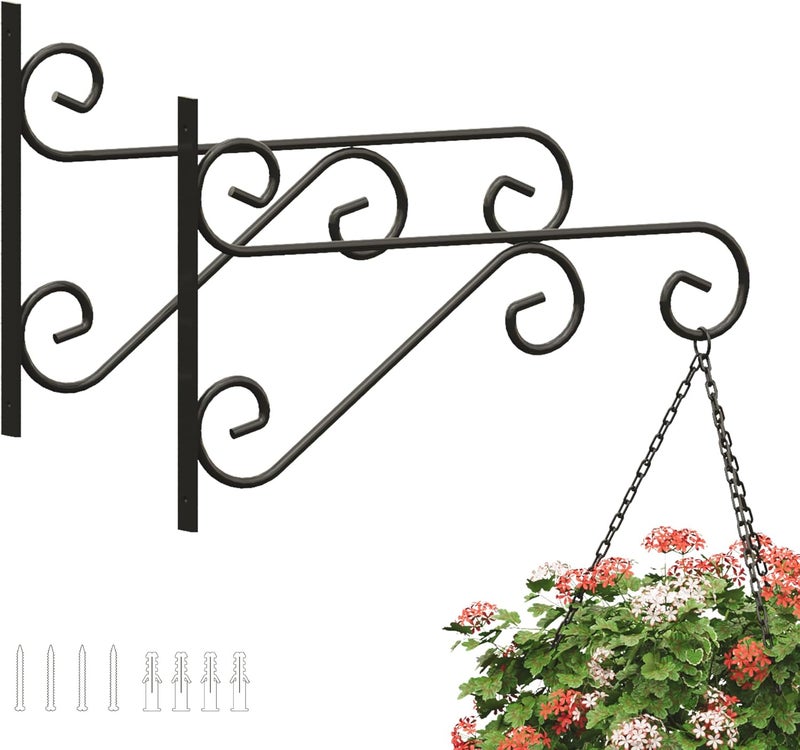 PROWORX 2 Pack 16 Inch Plant Hangers Outdoor Bracket, Indoor Wall Mount Metal Heavy Duty Rust-Resistant Bird Feeder Plant Hooks for Hanging Planters, Flower Baskets, Black - Image 1